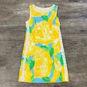 Lilly Pulitzer Mila Sunglow Yellow Floral Print w/ Lace Trim Shift Dress